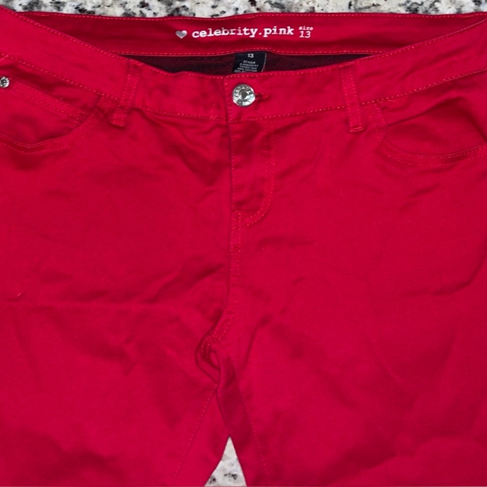 Celebrity Pink stretchy Bold Scarlet Red Jr SZ 13 Pants w silver logo plate EUC - Picture 4 of 13